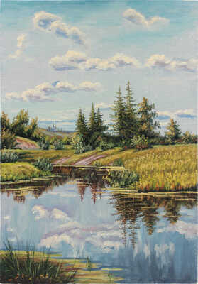 Дубовицкий Виктор Николаевич. Пейзаж с рекой, елями и церковью на холме